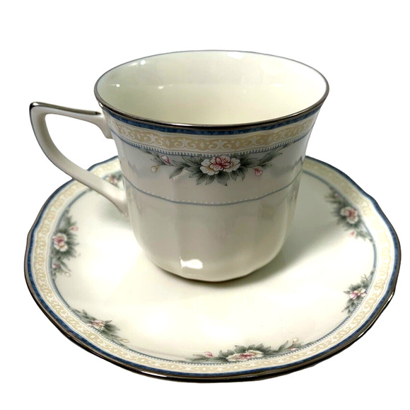 Vtg Noritake Allendale China Cup & Saucer Ivory Blue‎ Silver Trim Porcelain 7359 - Picture 4 of 8